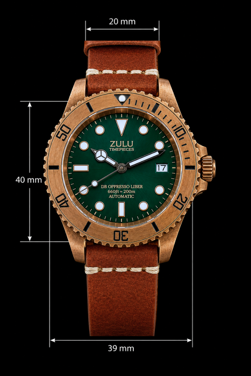 Zulu brand wristwatch with a bronze-toned case, green dial, and brown leather strap, shown on a black background with measurement annotations indicating 40 mm height, 20 mm top width, and 39 mm bottom width.