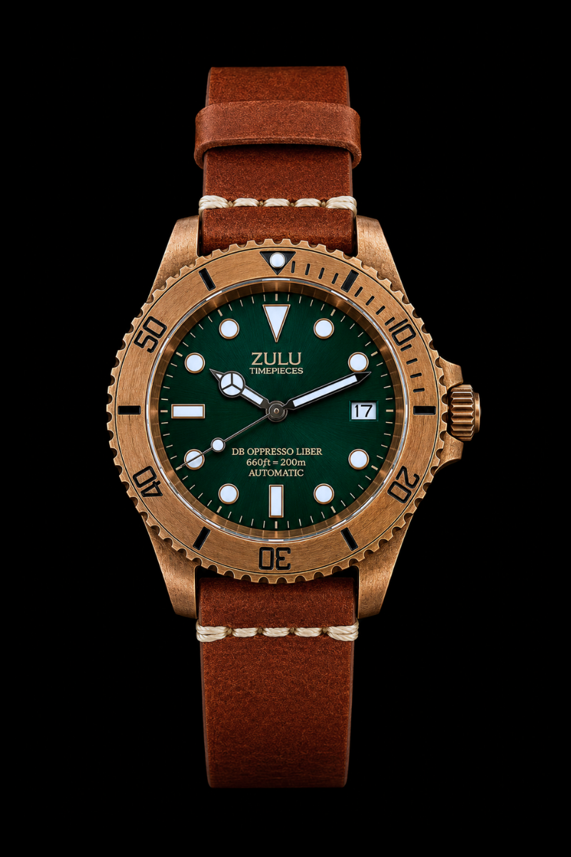 A Zulu brand wristwatch with a bronze-toned case, dark green dial, and brown leather strap, shown against a solid black background.
