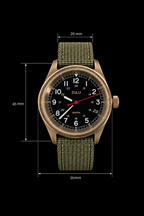 A ZULU analog wristwatch with a bronze-toned case, black dial, and olive green fabric strap, shown on a black background with measurement lines and labels indicating 36mm width, 45mm height, and 20mm thickness.