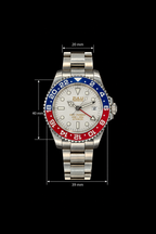 A Zulu timepiece stainless steel watch with a red and blue bezel, white dial, and silver link bracelet, shown on a black background with dimension lines indicating 20 mm width, 40 mm height, and 39 mm depth.