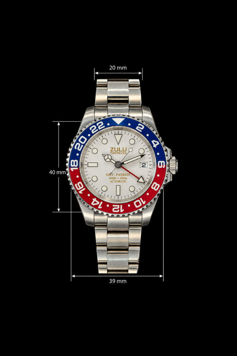 A Zulu timepiece stainless steel watch with a red and blue bezel, white dial, and silver link bracelet, shown on a black background with dimension lines indicating 20 mm width, 40 mm height, and 39 mm depth.