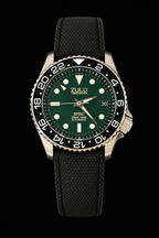 A Zulu Timepiece 200M automatic watch with a dark green dial, black bezel, and a black sailcloth rubber strap, shown against a solid black background.