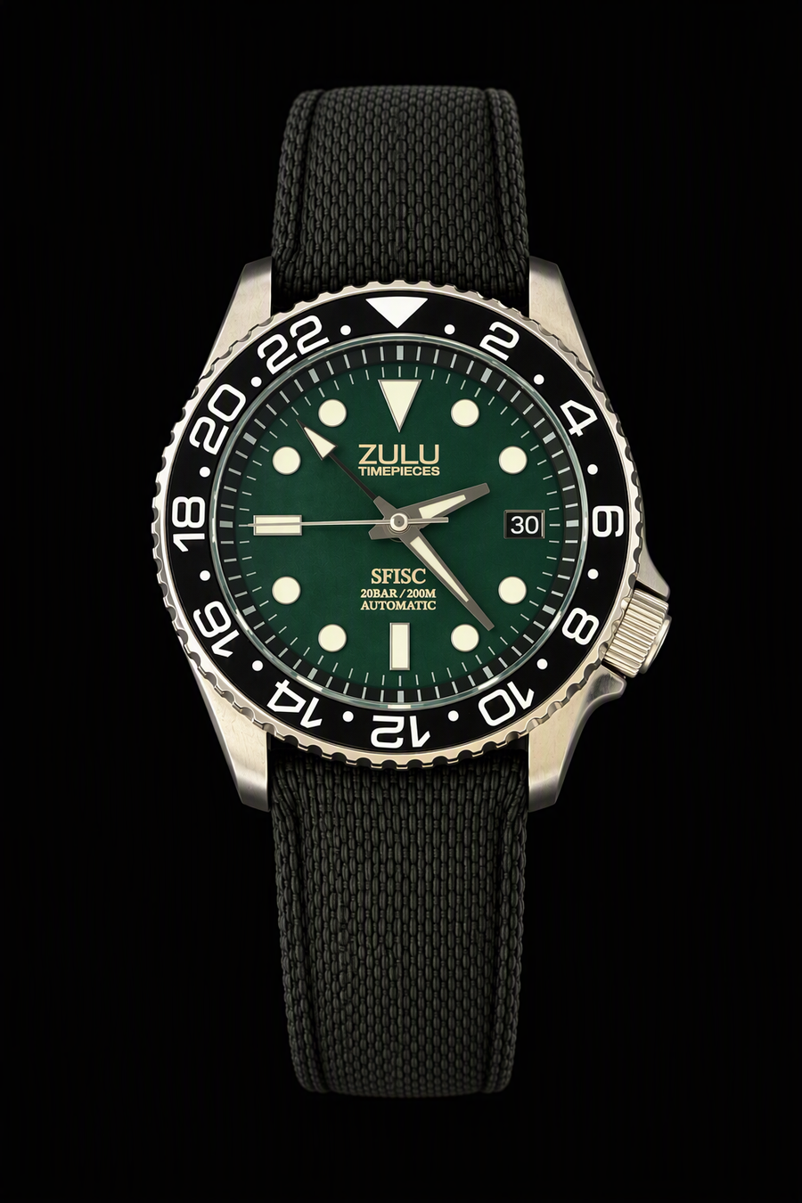 A Zulu Timepiece 200M automatic watch with a dark green dial, black bezel, and a black sailcloth rubber strap, shown against a solid black background.