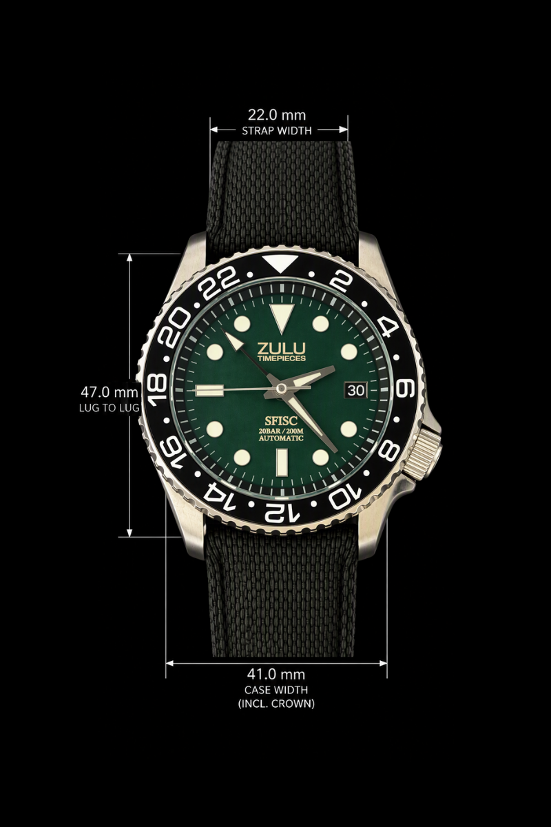 Zulu Timepieces watch with a green dial, black bezel, and black FKM strap, shown on a black background with dimension lines and text indicating case width, strap width, and depth.